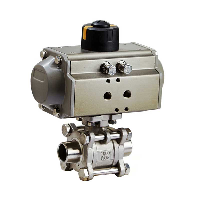 Кран шаровой трехходовой муфтовый DN65 2 1/2" L/T-port нержавеющая сталь с пневмоприводом двойного действия 4-6 бар