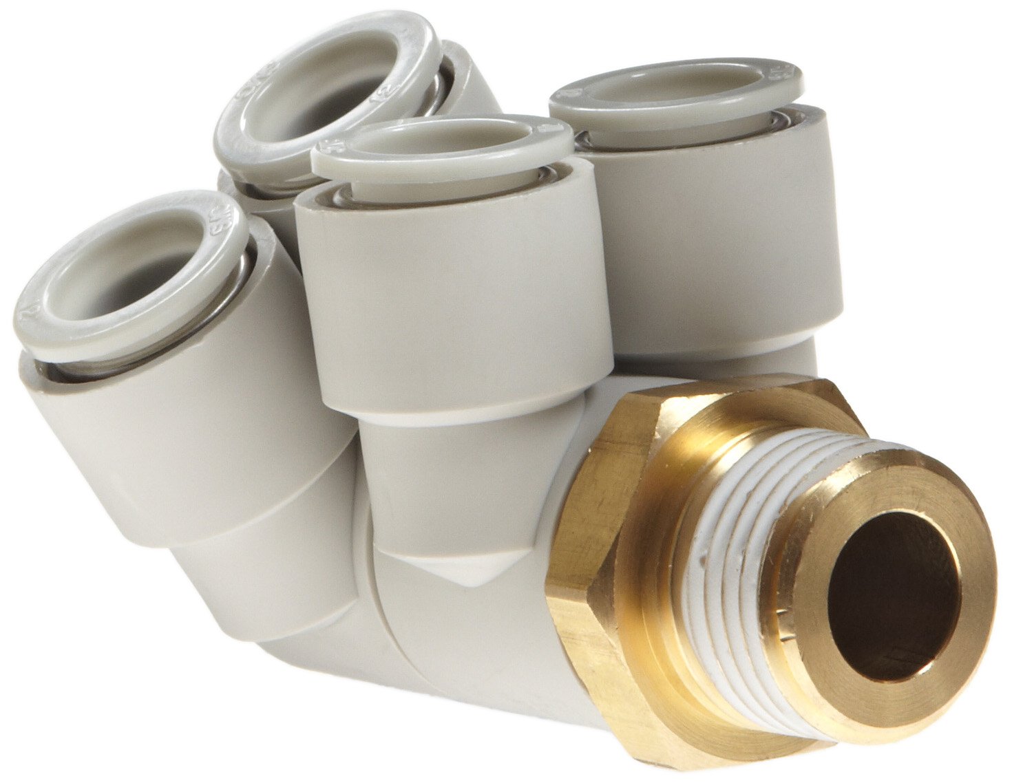 Коллектор пневматический KQ2ZD08-03AS угловой быстроразъемный 4 выхода G1/8 латунь