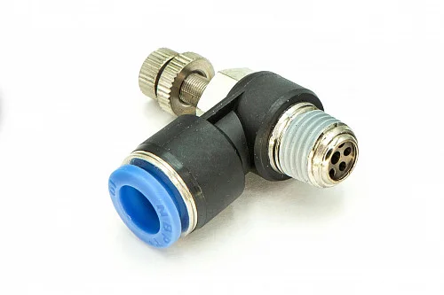 Регулятор расхода воздуха NSC 10-02 L-образный R1/4" цанговый 1.0 МПа латунные компоненты