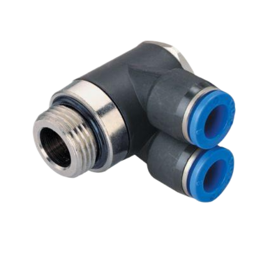 Пневмофитинг HIMPT PA 12-03 L-образный нажимной быстроразъемный R3/8" для полиуретановых/нейлоновых труб