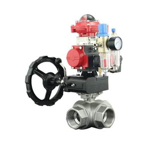 Кран шаровой DN.ru BV3232P(4pc)-SP-3WL-T-ISO-H Ду65 Ру40 стандартнопроходной трехходовой L-тип, нержавеющая сталь SS316, внутренняя резьба, PTFE, пн.приводом PA-DA-083, пн.распределителем 4M310-08 24 В, ручным дублером MON2-450-T28-ISO и БПВ AFC2000