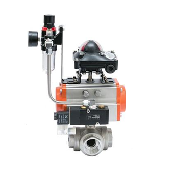 Кран шаровой трехходовой DN.ru BV3232P Ду32 Ру63 L-тип с пневмоприводом двойного действия и распределителем 24В