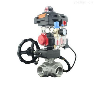 Кран шаровой трехходовой L-тип DN40 PN63 с пневмоприводом и ручным дублером, нерж. сталь SS316, PTFE