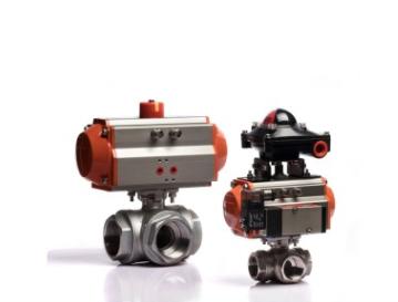 Кран шаровой DN.ru BV3232P(4pc)-SP-3WL-T-ISO-H Ду65 Ру40 стандартнопроходной трехходовой L-тип, нержавеющая сталь SS316, внутренняя резьба, уплотнение - PTFE, с пн.приводом DN.ru PA-DA-083 c пн.распределителем DN.ru 4M310-08 24 В и БПВ AFC2000