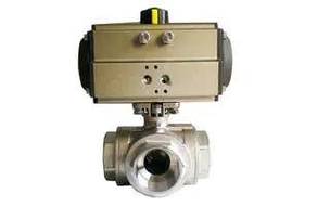 Кран шаровой трехходовой DN.ru BV3232P Ду40 Ру63 L-тип с пневмоприводом PA-SA-83 нержавеющая сталь SS316